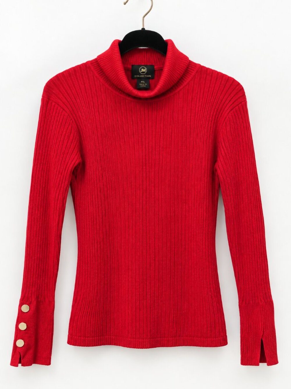 JM Collection RED Ribbed Turtleneck Sweater Button Cuff Stretch Knit PXL